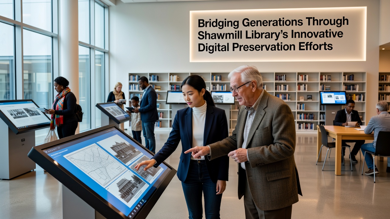 Volunteers and staff reviewing digitized photographs in Shawmill Library reading room