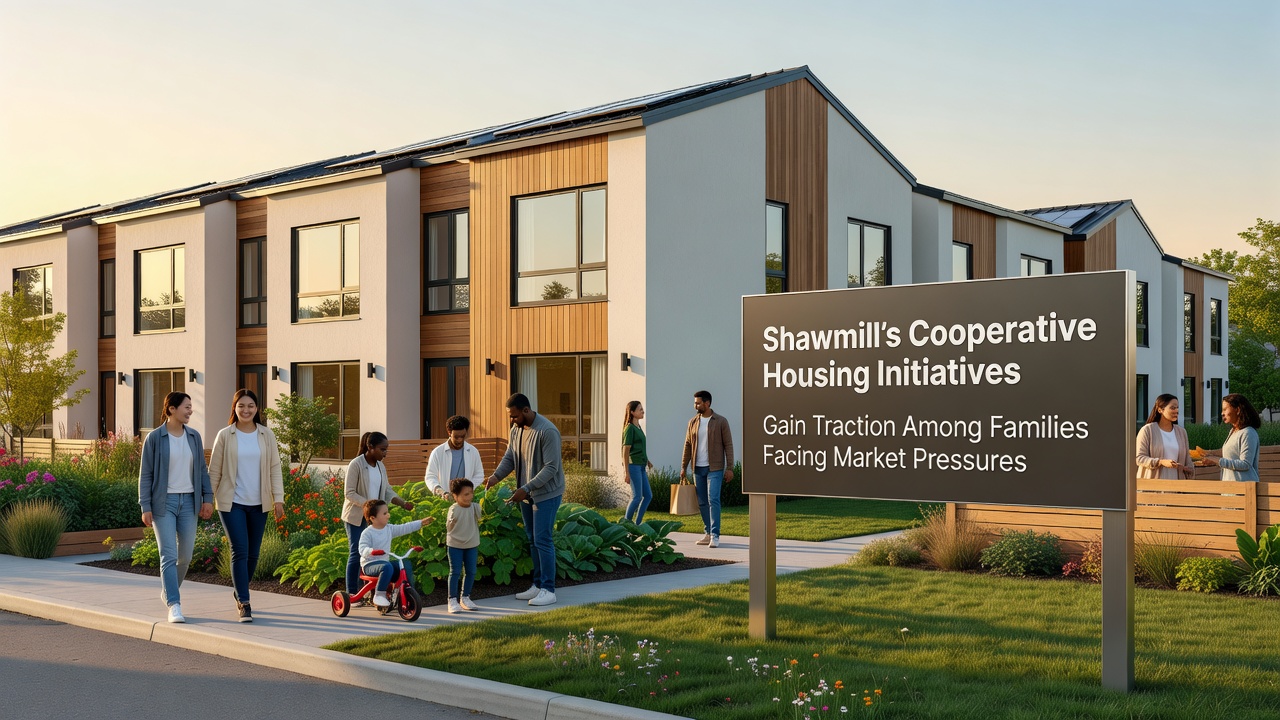 Aerial view of Shawmill cooperative housing development showing shared green spaces and family-friendly layouts